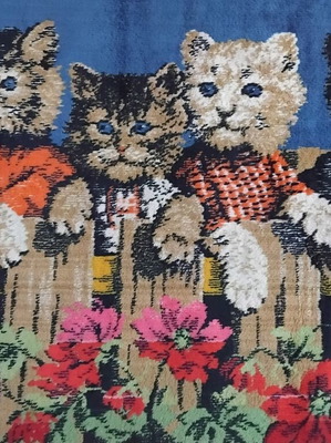 Vintage tapestry rug 'Kittens on the Fence' velvet wall hanging