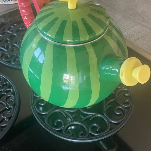 Enamel teapot 1.5 liters steel with whistle, watermelon design like new