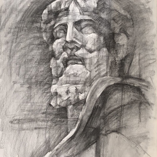 Original Charcoal Drawing of Poseidon's Head on Ingres Paper like new