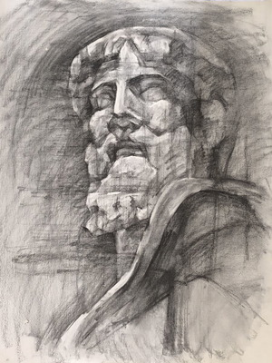 Original Charcoal Drawing of Poseidon's Head on Ingres Paper like new