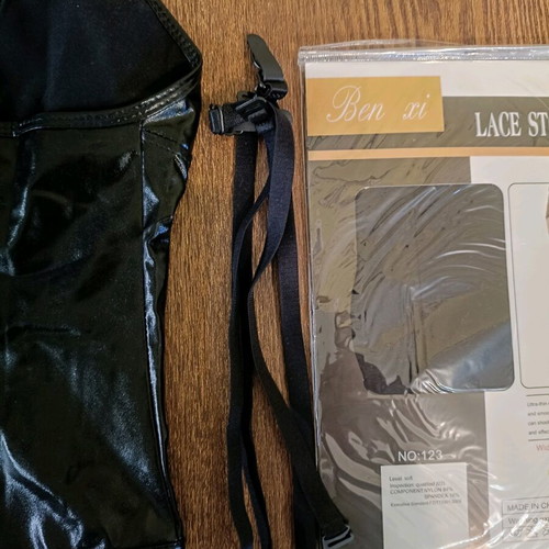 Vinyl bustier and lace top stockings with garters new