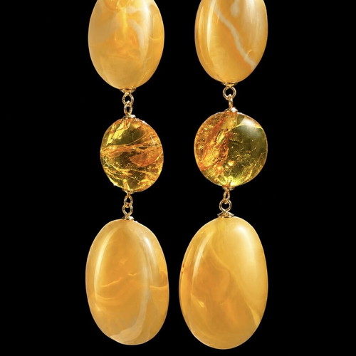 Long Amber Earrings with White Baltic Amber and 24K Gold Plated Silver