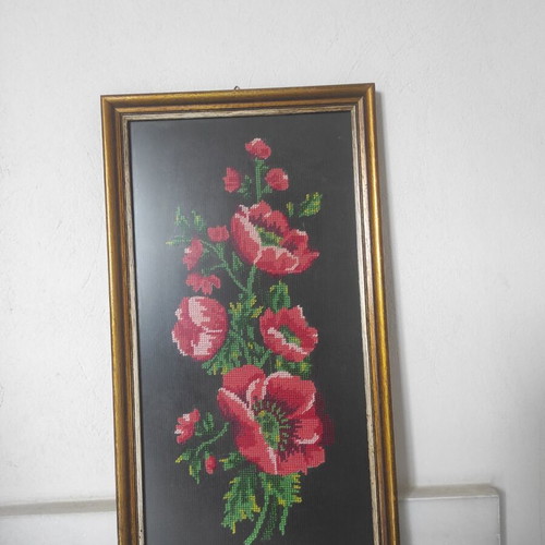 Embroidered paintings used, set of 5 with people, birds, flowers, ducks