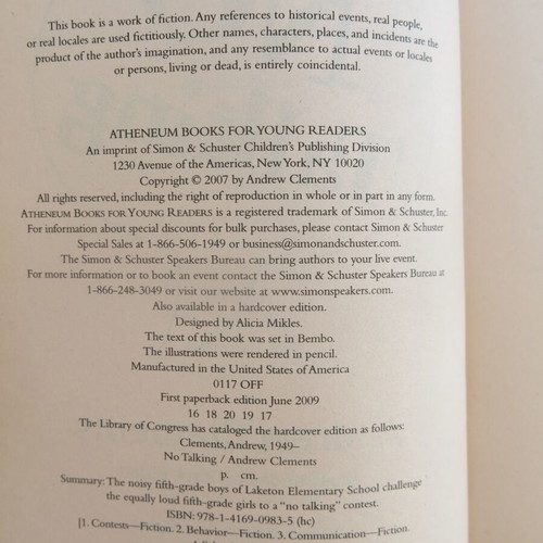 No Talking book by Andrew Clements used, in English