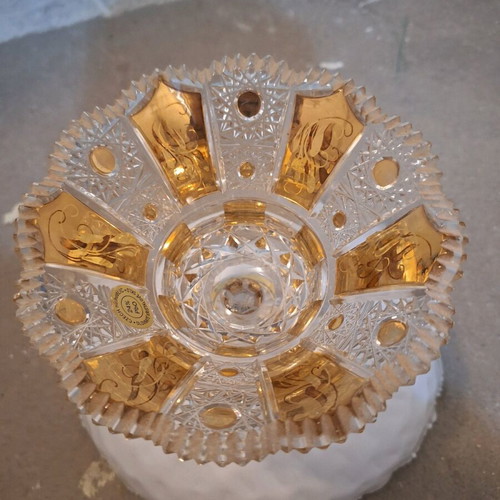 Bohemia Crystal handmade cut glass footed bowl with gold decoration