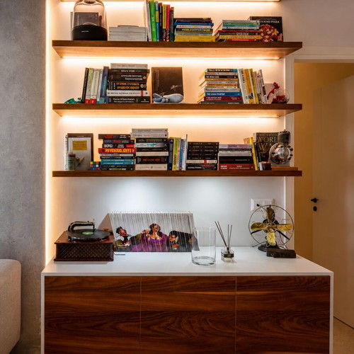 Modern living room unit with floating shelves and hidden LED lighting like new