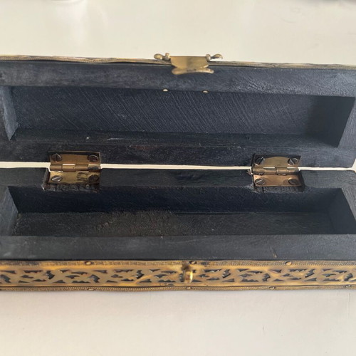 Vintage cigar case decorative box wood with brass and copper