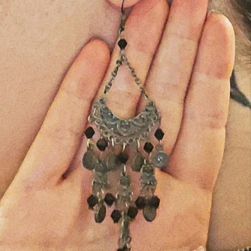 Boho earrings like new with black beads and coins, 9 cm