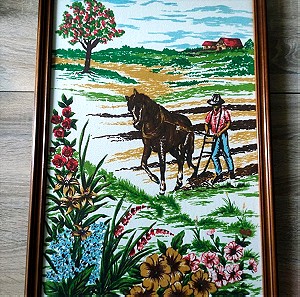 Κάδρο αγρότης με άροτρο και άλογο στάμπα σε βαμβακερό ύφασμα