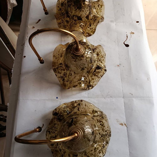 Blown glass ceiling light shades, set of 3, honey color with bronze arms