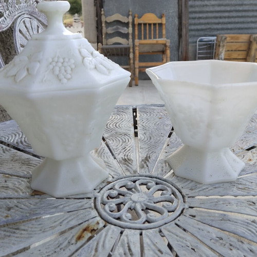 Vintage Milk Glass Bowl Set with Grape Motif used