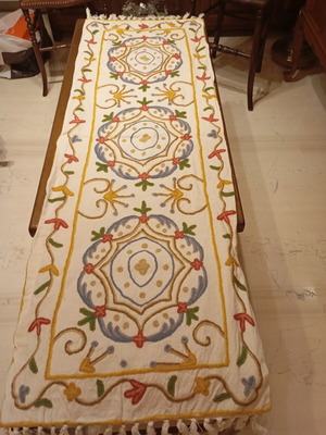 Suzani embroidered table runner used with fringes, ethnic boho style