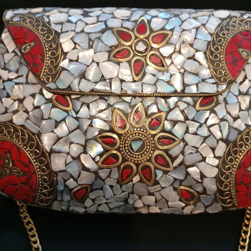 Handmade metal mosaic clutch with mother of pearl and gold chain, like new