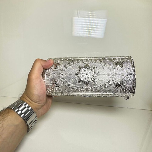 Metallic Ornate Jewelry Box with Oriental Embossed Design and Velvet Lining
