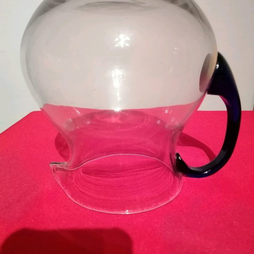 Vintage crystal pitcher with handmade cobalt blue handle, like new
