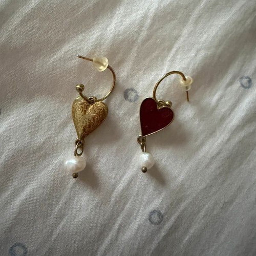 Heart drop earrings with pearl like new, red and gold