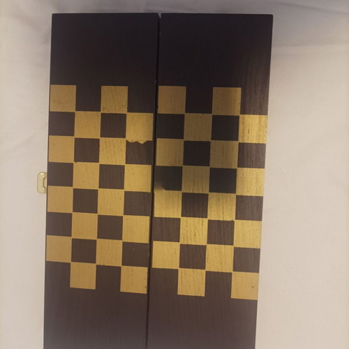 Wooden wine case used with travel chess set