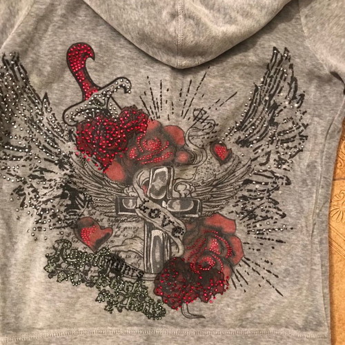 Mymoo hoodie gray velour jacket used with print and rhinestones on back