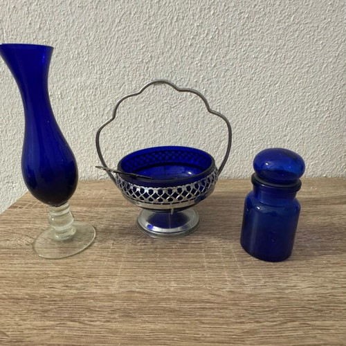 Cobalt blue glass set used with English sugar bowl