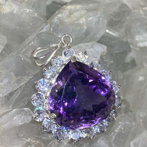 Silver pendant with large cut natural amethyst stone and moissanites, new