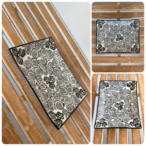 Ionian porcelain platter with black and white designs 24.5x9cm new