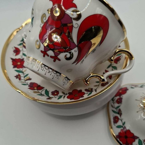 Russian porcelain cup with saucer and lid Suvenir, new
