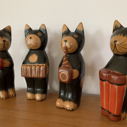 Wooden cat orchestra handmade, new, set of four figurines