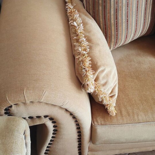 Classic sofa set used, three-seater and two-seater, beech wood with Dutch fabric