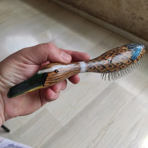 Vintage handmade wooden duck hairbrush used, 25cm, Made in Greece