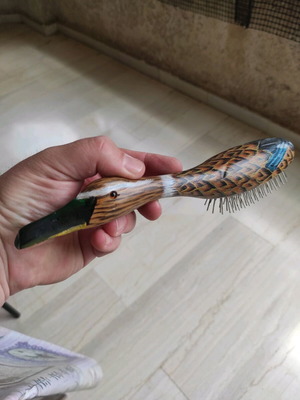 Vintage handmade wooden duck hairbrush used, 25cm, Made in Greece