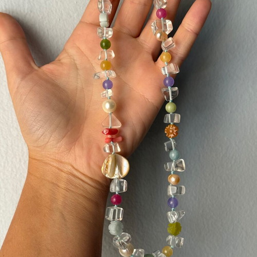 Quartz necklace with semi-precious stones and pearls on blue silk thread, new