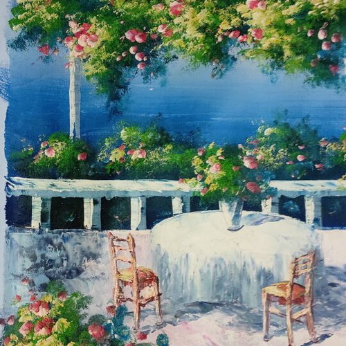 Oil painting on canvas used, veranda with view 95x65 cm