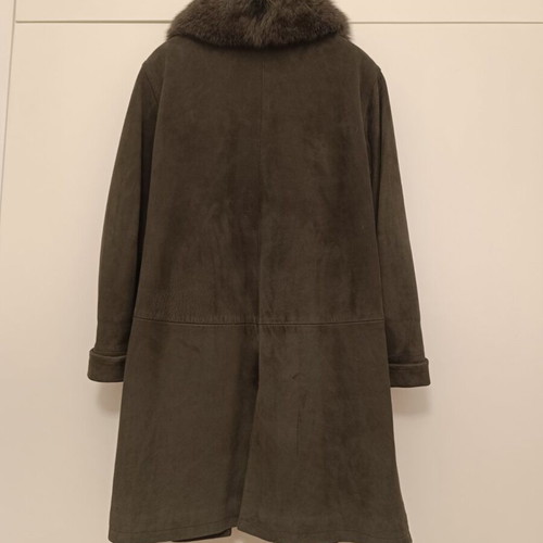 Leather suede coat used, Italian, large, charcoal color with removable fur collar