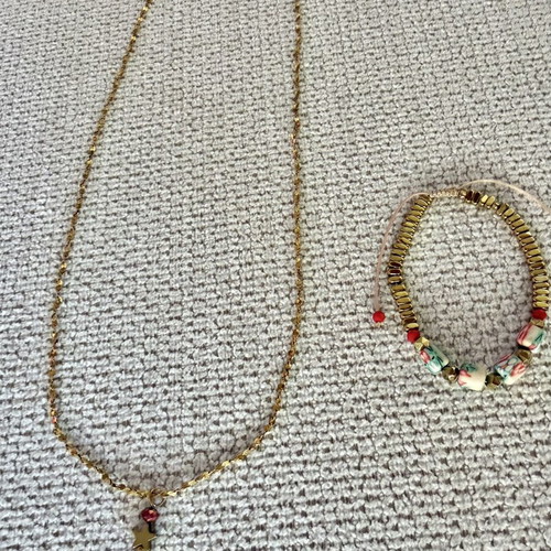 Steel necklace and bracelet set used with hematite and fimo stones