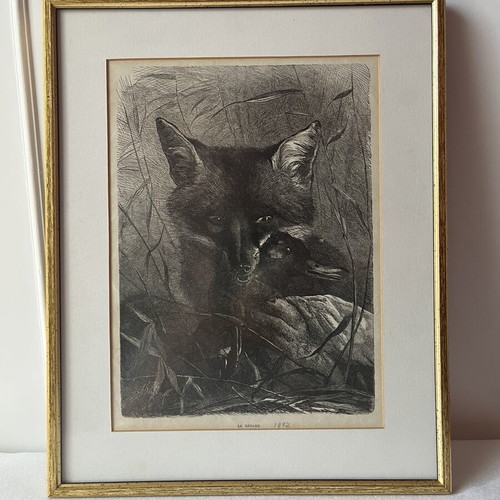 Rare Authentic Wood Engraving "The Fox and the Duck" 1872 Like New with Frame