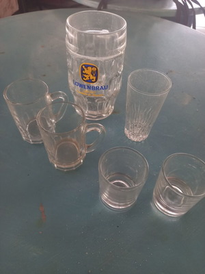 Set of 5 shot glasses and 1 beer glass