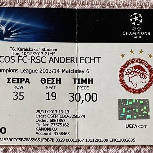 Olympiacos Anderlecht match ticket used, Champions League 2013
