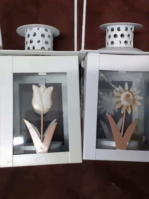 Lanterns new, set of 4, gray/beige with floral designs
