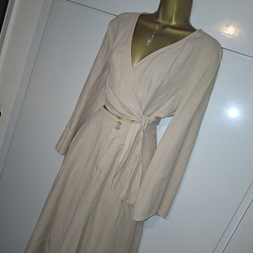 Zara woman beige linen set with wrap top and trousers, medium size