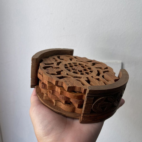Vintage wooden coaster set 6 pieces with carved design and holder