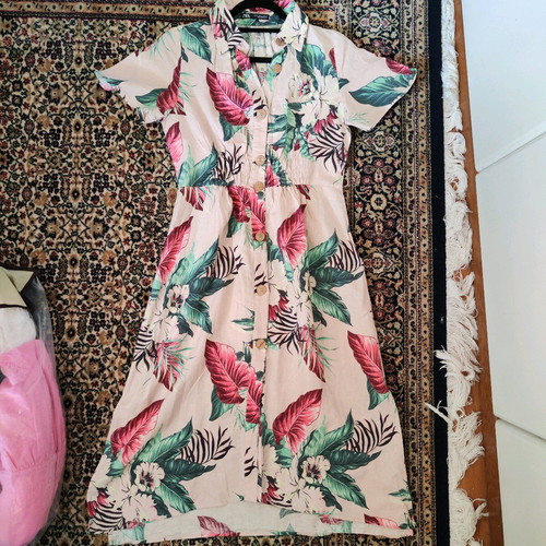 ZARA Tropical Floral Linen-Blend Shirt Dress - Size S - Ροζ/Πολύχρωμο