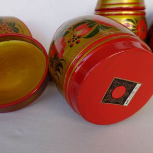 Khokhloma jars used, set of 7 wooden handmade vintage