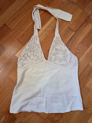 Vintage λινό τοπ με halter και πλεκτή δαντέλα κρεμ μέγεθος S μεταχειρισμένο