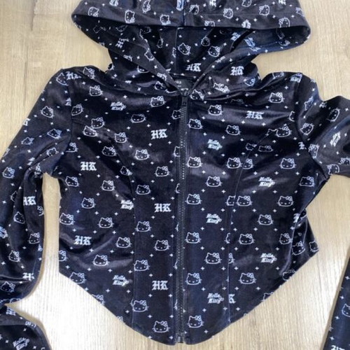 Hello Kitty corset black zip-up hoodie with white cat faces and HK logos