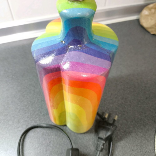 Handmade table lamp with rainbow base and green shade like new