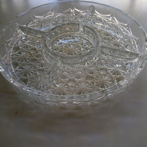Crystal round serving platter with five sections and intricate embossed design, new