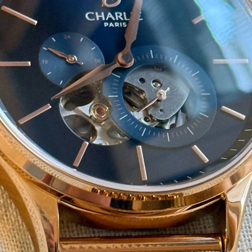 Charlie Initial Open Heart watch rose gold and blue, new