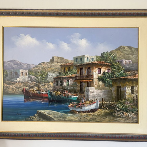 Large oil painting with palette knife, Greek seaside landscape by Dimas