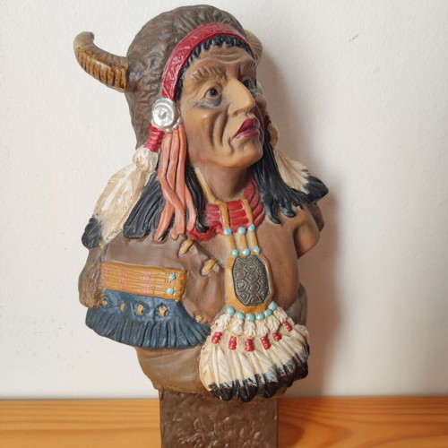 Vintage Native American Warrior Bust with Horned Headdress used