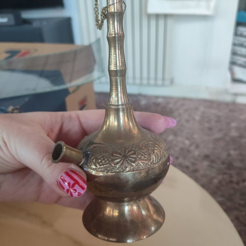 Decorative hookah vintage style metal with embossed designs and fabric hose like new